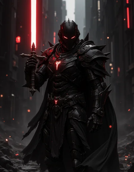 A black cyborg knight, cyborg armor, holding a red laser sword, dark planet black buildings, red light, cinematic, FredFraiStyle
