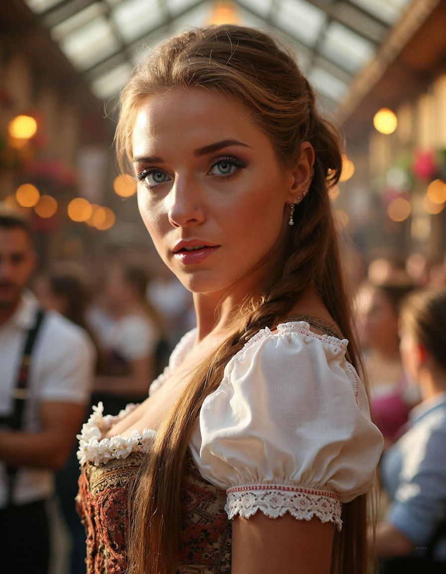 **Prompt:**
A woman  stands proudly in front of a traditional Bavarian backdrop, her long braid cascading down her back like a waterfall. She wears a intricately detailed dirndl attire, complete with delicate lace and embroidery, perfectly capturing the essence of Oktoberfest. Side view.
The camera captures her from a 45-degree angle, emphasizing her slender neck and shoulders as she gazes directly at the viewer. Soft, warm light from a nearby lantern casts a flattering glow on her skin, accentuating her high cheekbones and full lips.
In the background, the real Oktoberfest festivities unfold: revelers in traditional attire dance and sing around tables laden with steins of beer, while others play lively tunes on accordions and brass instruments. The atmosphere is electric, with vibrant colors and sharp lines that create a sense of depth and dimensionality.
As the camera lingers, it becomes clear that this woman is not just any festival-goer â she's the star of the show. Her dirndl attire is immaculately detailed, from the intricate patterns on her apron to the delicate flowers in her hair. Every stitch, every thread, every detail is meticulously rendered, creating a photorealistic masterpiece.
In a stunning double exposure effect, the woman's image is superimposed over a blurred background of revelers and festivities, creating an otherworldly sense of presence. The result is a truly cinematic scene that transports the viewer to the heart of Oktoberfest.
**Technical Specifications:**
* Resolution: 16k UHD
* Aspect Ratio: 1:1
* Frame Rate: 24fps
* Color Space: Rec. 2020
* Lighting: Soft, warm natural light with subtle highlights and shadows
This image is a true masterpiece, showcasing the artist's skill and attention to detail in capturing the essence of Oktoberfest. With its ultra-sharp lines, intricate details, and photorealistic quality, it's sure to be an award-winning work that leaves a lasting impression on all who see it.