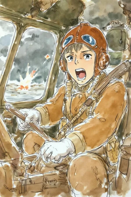 hayaomiyazaki2 illustration.
A female pilot screaming inside the cockpit of a World War II bomber. The pilot, wearing a vintage leather flight helmet with goggles and a bomber jacket, grips the controls with white-knuckled hands. Her face is contorted in a mix of fear and determination as she yells, her eyes wide with adrenaline. The cockpit is cramped and filled with old-fashioned dials and gauges, with the outside view showing dark stormy clouds and distant anti-aircraft fire <lora:hayaomiyazaki2_cap_d8a4:1.0><lora:861018167181337808:0>
