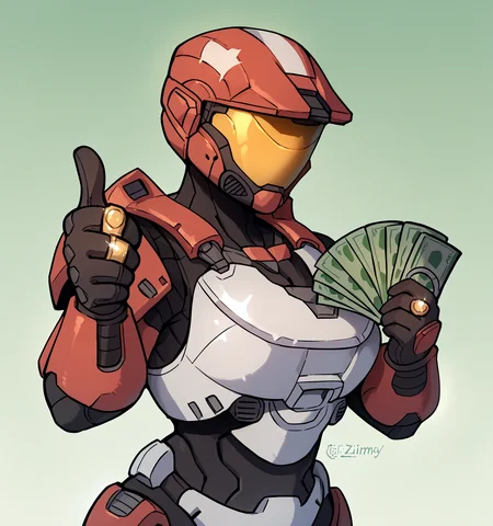 score_9, score_8_up, score_7_up, score_6_up, score_5_up, score_4_up, source_anime, tlv, gmmq, spartan \(halo\), 1girl, solo, helmet, faceless, armor, gloves, power armor, science fiction, crotch plate, breastplate, large breasts, gangstersb, thumbs up, money, holding money, portrait, cropped torso, (ring:1.2), formal, solo, looking at viewer, faceless, simple background, green background
<lora:spartan_pdxl:1> <lora:gangstersb-guy-PONYv1:1>