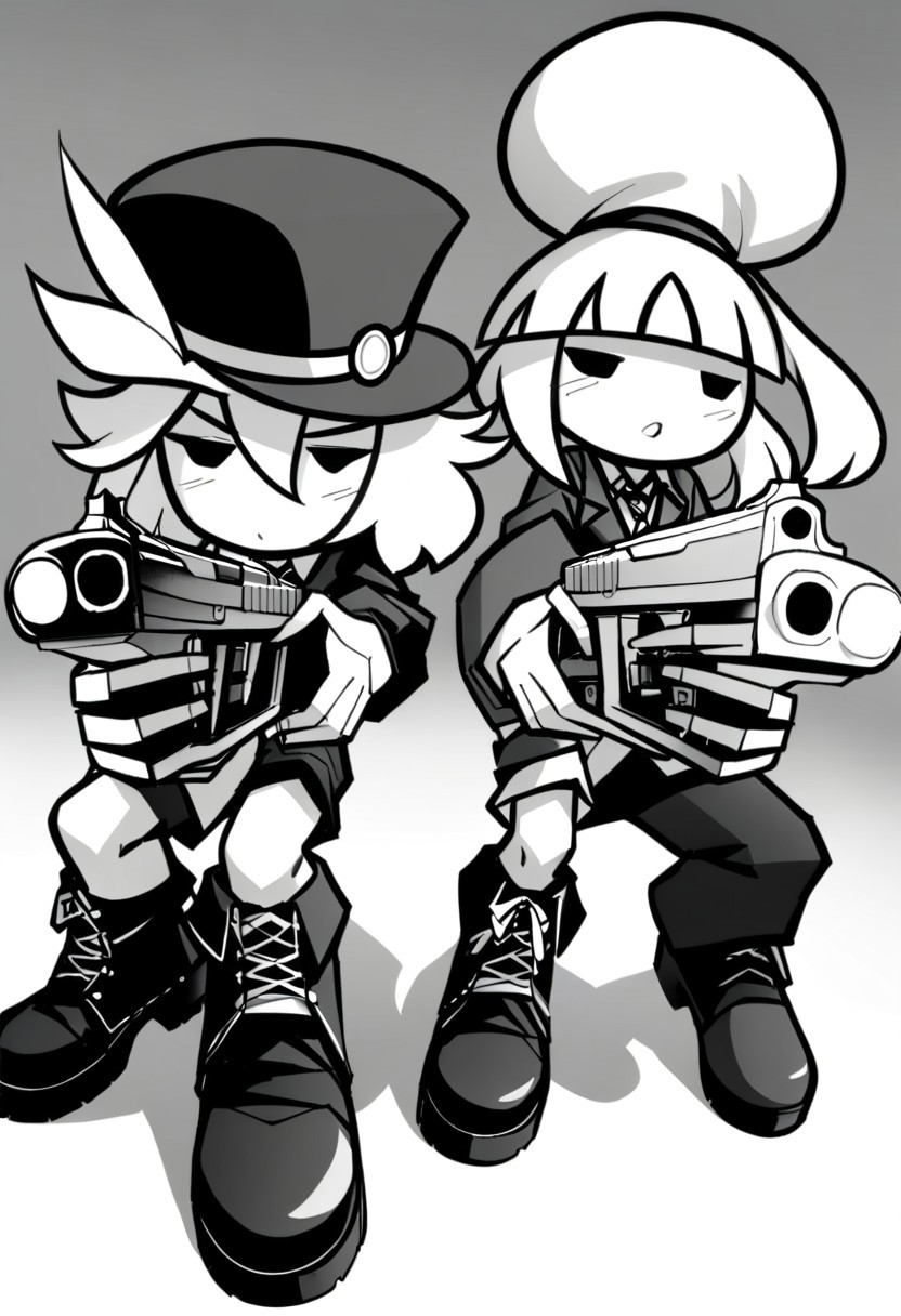 masterpiece, best quality, LITERALHAT'S MONOCHROME ART, 1girl, 1boy, hat, weapon, greyscale, boots, gun, handgun, revolver
