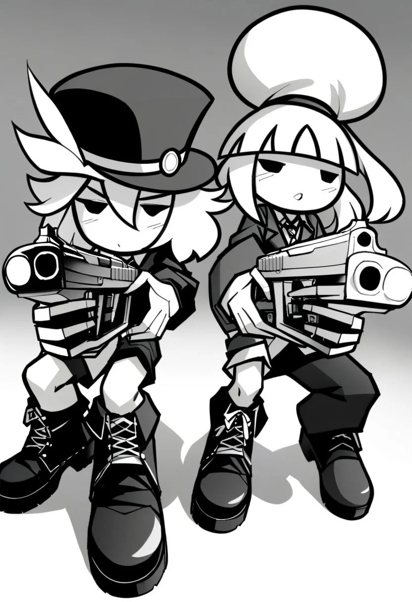 masterpiece, best quality, LITERALHAT'S MONOCHROME ART, 1girl, 1boy, hat, weapon, greyscale, boots, gun, handgun, revolver