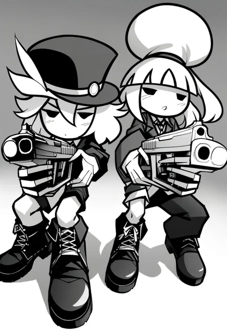 masterpiece, best quality, LITERALHAT'S MONOCHROME ART, 1girl, 1boy, hat, weapon, greyscale, boots, gun, handgun, revolver