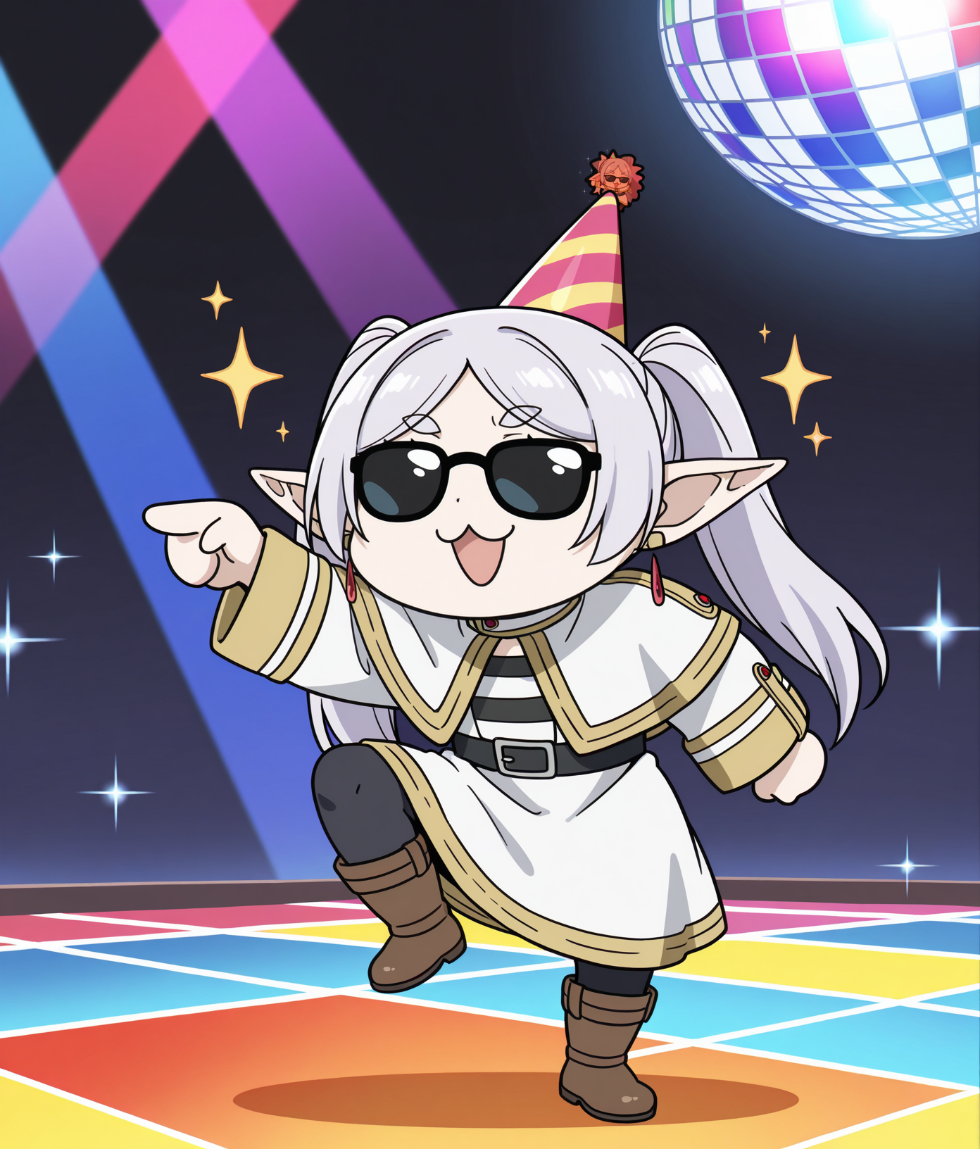 masterpiece,best quality,high quality,amazing quality,absurdres,highres,very aesthetic,ultra detailed,
<lora:StS_Age_Slider_Illustrious_v1:1>,
1girl,solo,
<lora:genba_neko_like_v2:1>,genba_neko,(chibi:1.2),pointing,standing on one leg,:3,open mouth,meme,parody,
<lora:Frieren_Frieren_Beyond_Journeys_End_-_Illustrious_r1:0.3>,Elf,pointy ears,gray hair,long hair,parted bangs,twintails,green eyes,earrings,Frieren standard robe outfit,striped shirt,white capelet,robe,long sleeves,white dress,belt,black pantyhose,boots,brown footwear,party hat,sunglasses,opaque glasses,
disco ball,dance floor,sparkle background,full body,