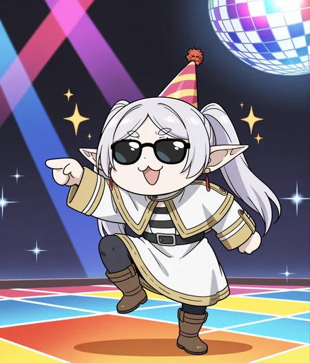 masterpiece,best quality,high quality,amazing quality,absurdres,highres,very aesthetic,ultra detailed,
<lora:StS_Age_Slider_Illustrious_v1:1>,
1girl,solo,
<lora:genba_neko_like_v2:1>,genba_neko,(chibi:1.2),pointing,standing on one leg,:3,open mouth,meme,parody,
<lora:Frieren_Frieren_Beyond_Journeys_End_-_Illustrious_r1:0.3>,Elf,pointy ears,gray hair,long hair,parted bangs,twintails,green eyes,earrings,Frieren standard robe outfit,striped shirt,white capelet,robe,long sleeves,white dress,belt,black pantyhose,boots,brown footwear,party hat,sunglasses,opaque glasses,
disco ball,dance floor,sparkle background,full body,