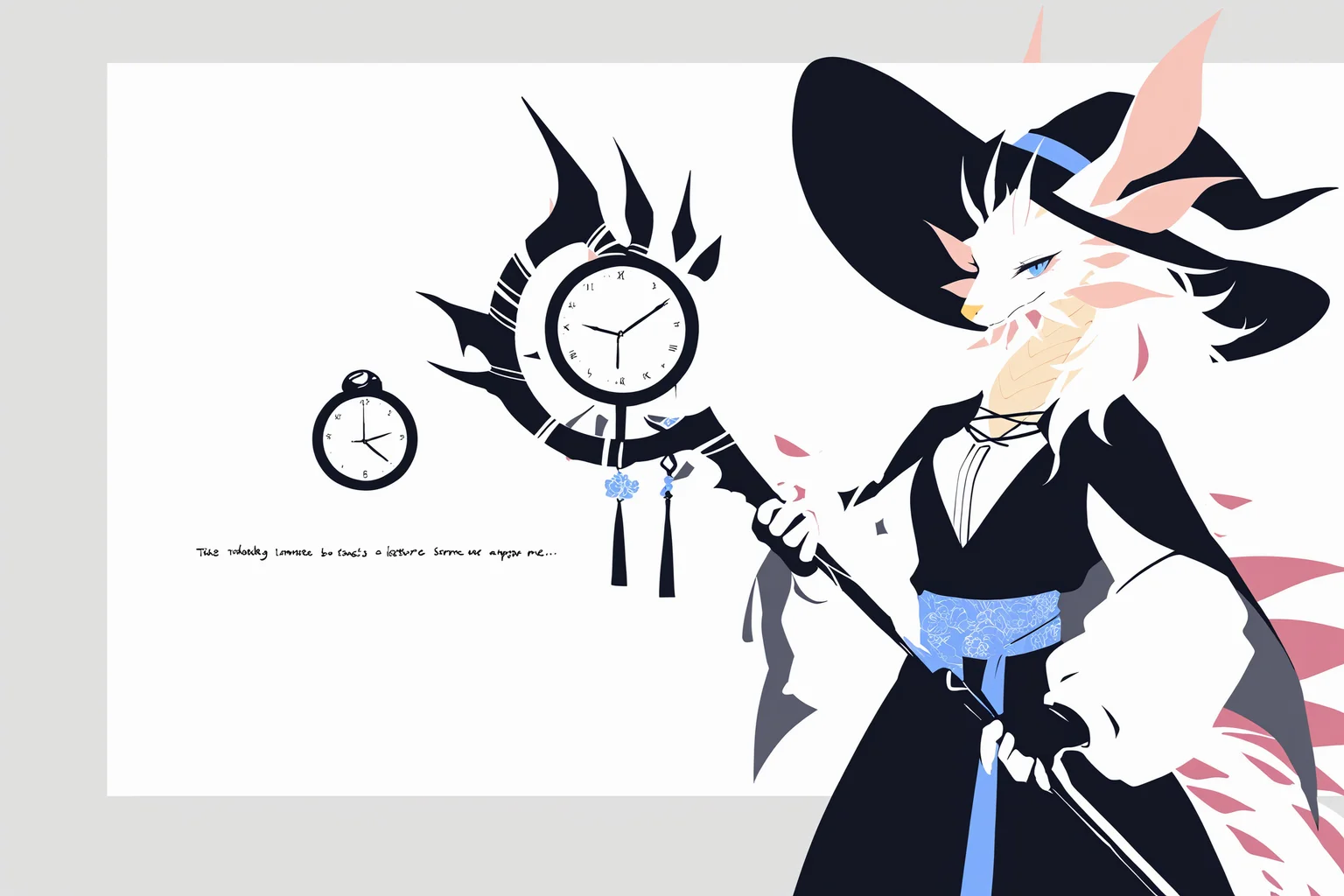 cowboy shot,holding a mage staff,minimalism,(no lineart:1.1025),(faceless:1.1576),simple background,blending,flat color,limited palette,outside border,black cape,white hair,messy hair,long hair,blue eyes,Witch hat,blue sash,blue doodle,white theme,blue eyes,looking_at_viewer,white hair,long hair,wavy hair,black dress,black skirt,blue_ inner_hair,black fingerless gloves,gloves,sash,sliver_trim,clock pattern,fashion),framed,flower,pattern design,trim,jewelry,two-tone_background,grey border,text,masterpiece,best quality,amazing quality,very aesthetic,absurdres,alternate_costume,best quality,amazing quality,very aesthetic,absurdres,best quality,amazing quality,very aesthetic,absurdres,
<lora:MIZUTSUNE-ILL-ADAM-V3-000008:1>,mizu,dragon boy,1boy,upper body,1boy,furry,furry male,white shirt,yellow nose,
