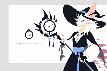 cowboy shot,holding a mage staff,minimalism,(no lineart:1.1025),(faceless:1.1576),simple background,blending,flat color,limited palette,outside border,black cape,white hair,messy hair,long hair,blue eyes,Witch hat,blue sash,blue doodle,white theme,blue eyes,looking_at_viewer,white hair,long hair,wavy hair,black dress,black skirt,blue_ inner_hair,black fingerless gloves,gloves,sash,sliver_trim,clock pattern,fashion),framed,flower,pattern design,trim,jewelry,two-tone_background,grey border,text,masterpiece,best quality,amazing quality,very aesthetic,absurdres,alternate_costume,best quality,amazing quality,very aesthetic,absurdres,best quality,amazing quality,very aesthetic,absurdres,
<lora:MIZUTSUNE-ILL-ADAM-V3-000008:1>,mizu,dragon boy,1boy,upper body,1boy,furry,furry male,white shirt,yellow nose,