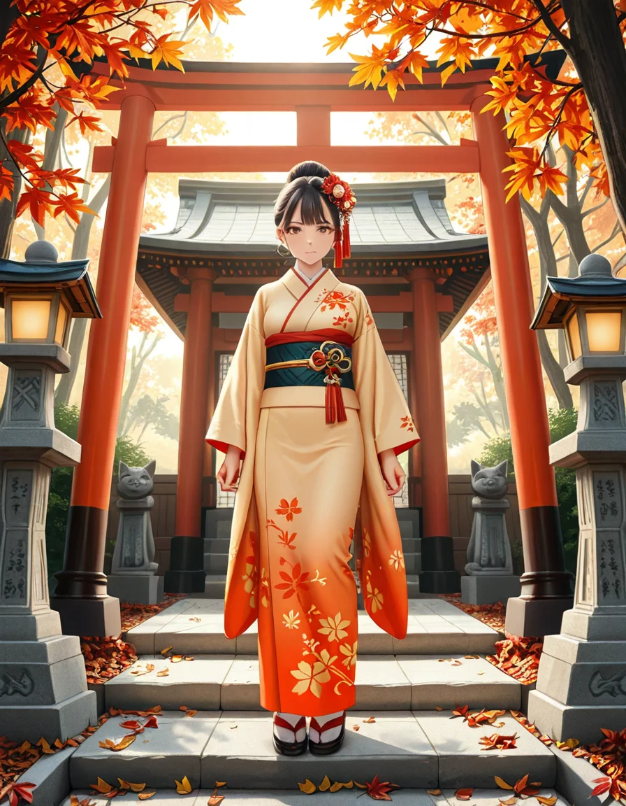 looking at viewer,A graceful Japanese woman standing in front of a traditional Inari shrine, wearing an elegant mauve kimono adorned with intricate floral patterns. Her dark hair is styled in a classic updo, decorated with delicate kanzashi hair ornaments. She has a serene and contemplative expression as she gazes towards the shrine. The scene is set in the late afternoon, with soft golden sunlight filtering through the vibrant red torii gates that create a tunnel leading to the shrine. The ground is covered with autumn leaves in warm shades of red, orange, and yellow. Stone fox statues, draped with sacred red bibs, guard the entrance, adding to the shrine's mystical aura. Traditional stone lanterns emit a soft, warm glow, enhancing the spiritual and tranquil ambiance. The background features lush greenery, contrasting with the shrineâs vivid vermillion hues. The image is in a photorealistic style, with high dynamic range lighting, capturing every intricate detail from the fabricâs texture to the play of light and shadows, evoking a sense of peace and tradition.
<lora:SDXLFaeTastic2400:0.4> <lora:extremely_detailed:0.4> extremely detailed, <lora:Inari_shr1n3:1>,Inari shr1n3, Masterpiece,best quality,hi res,8k,hi res,8k,award winning,(sharp focus, intricate, highly detailed),