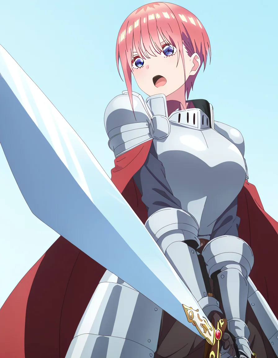 masterpiece, best quality, newest, absurdres, highres, safe,, <lora:ichika-nakano-s2-ponyxl-lora-nochekaiser:1>, ichika nakano, short hair, bangs, blue eyes, hair between eyes, pink hair, pixie cut, large breasts, anime screencap, <lora:sunrise-stance-illustriousxl-lora-nochekaiser:1>, sunrise stance, weapon, sword, solo, open mouth, holding weapon, holding, holding sword, <lora:knight-ponyxl-lora-nochekaiser:1>, knight, armor, cape, shoulder armor, gauntlets, helmet, pauldrons, red cape,, ,
