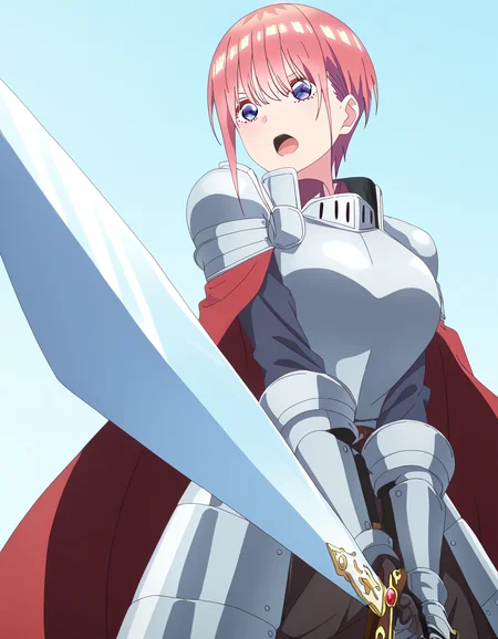 masterpiece, best quality, newest, absurdres, highres, safe,, <lora:ichika-nakano-s2-ponyxl-lora-nochekaiser:1>, ichika nakano, short hair, bangs, blue eyes, hair between eyes, pink hair, pixie cut, large breasts, anime screencap, <lora:sunrise-stance-illustriousxl-lora-nochekaiser:1>, sunrise stance, weapon, sword, solo, open mouth, holding weapon, holding, holding sword, <lora:knight-ponyxl-lora-nochekaiser:1>, knight, armor, cape, shoulder armor, gauntlets, helmet, pauldrons, red cape,, ,