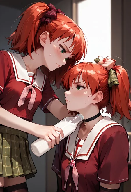 score_9, score_8_up, score_7_up, flat breasts, score_6_up,source_anime,rating_explecit, masterpiece, best quality, 8k, 8k UHD, ultra-high resolution, ultra-high definition, highres, 1girl, ((kokoa shuzen, twintails, green eyes, red hair, hair bow, short hair)), small breasts, small stature, choker, BREAK score_9, score_8_up, score_7_up, rating_explicit, room background, detailed background, slight blush, krekkov style, sweaty, short skirt, stockings, navel, skirt, thighhighs, school uniform, black thighhighs, plaid, serafuku, red shirt, short sleeves, ((petite skinny body, fit skinny body)), ((forcedtodrink, grabbing another's hair, bottle, hand on another's head, 2girls, holding bottle, milk, looking at another, upper body,))