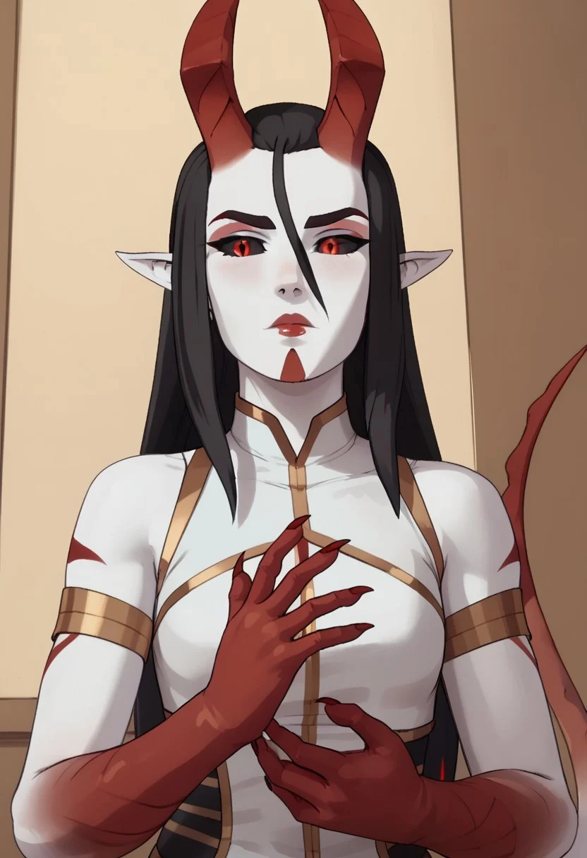 Score_9, Score_8, Score_7, TDPStyle, dladywolf, horns, tail, long hair, black hair, white skin, striped, red hands, demon girl, monster girl, red eyes, black sclera, bust shot,