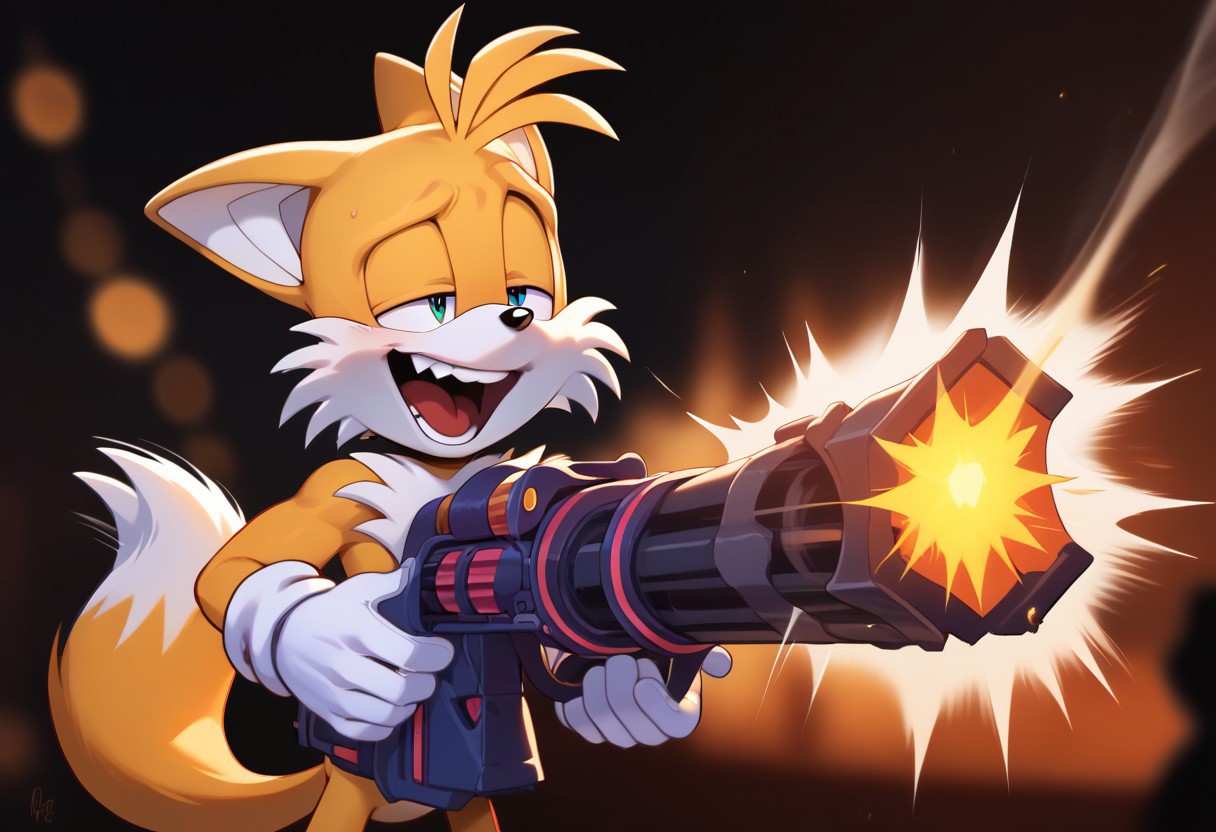 score_9, score_8_up, score_7_up, depth of field, ambient occlusion, bokeh, cel shading, black illustration lines, cinematic lighting, Expressiveh, furry, white gloves, solo, Source:Sonic the Hedgehog, short male, Tails the Fox, excited, cute, laughter, laboratory, cartoonish face, shooting range, gatling gun, holding gatling gun, [:smoke, firing:0.25],