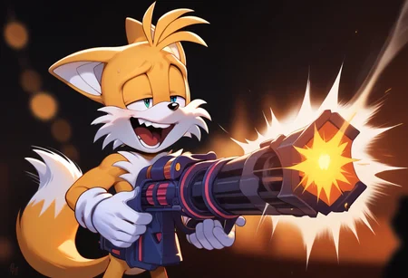 score_9, score_8_up, score_7_up, depth of field, ambient occlusion, bokeh, cel shading, black illustration lines, cinematic lighting, Expressiveh, furry, white gloves, solo, Source:Sonic the Hedgehog, short male, Tails the Fox, excited, cute, laughter, laboratory, cartoonish face, shooting range, gatling gun, holding gatling gun, [:smoke, firing:0.25],