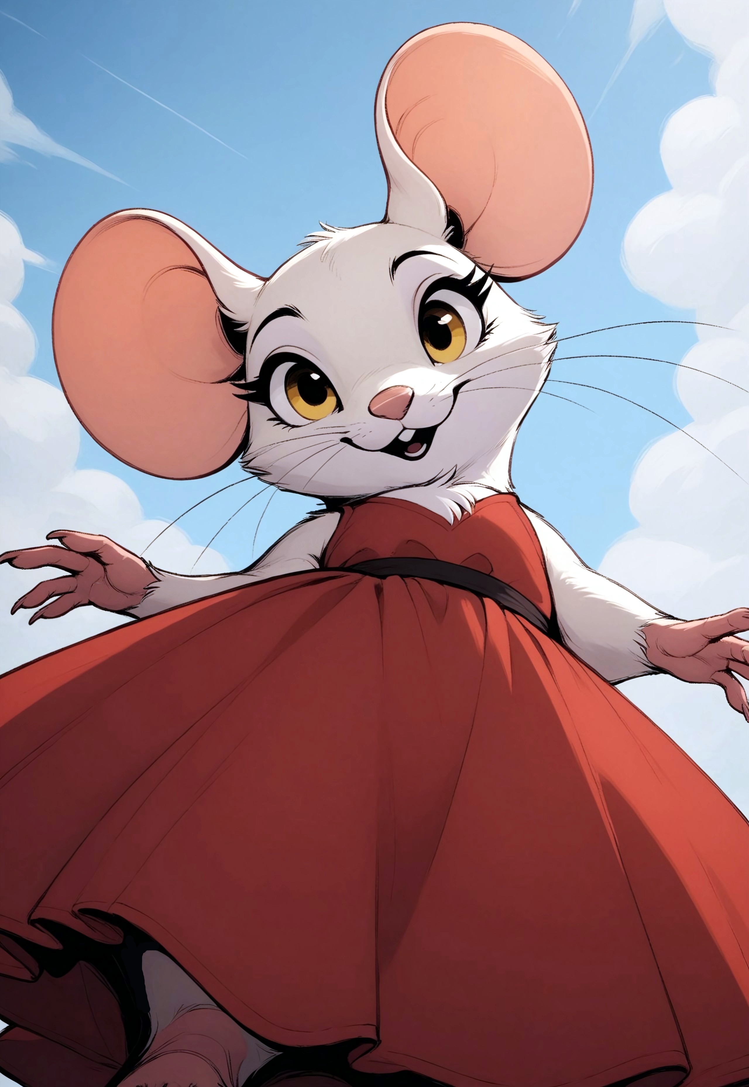 score_9, score_8_up, score_7_up, score_6_up, score_5_up, score_4_up, m0use_goldie, in the style of Beatrix Potter, cute, (feral:2), (yellow eyes:1.5), (white fur:1.5), (sleeveless red dress), (close up:1.5), (low angle view:1.5), (look at viewer:1.5), (open mouth:0.7), nature, blue sky, clouds, sun, joyous expression,