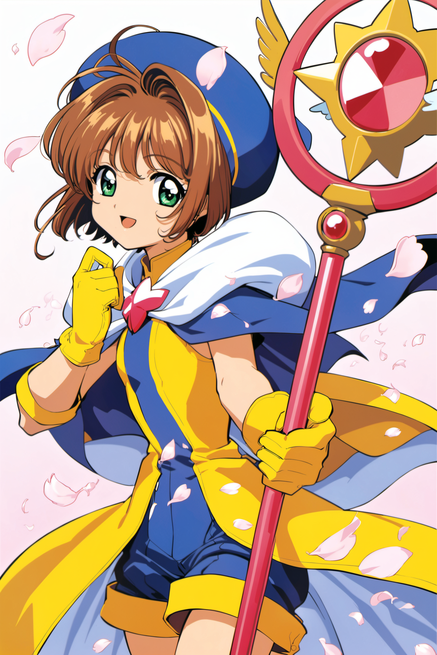1girl, kinomoto sakura, brown hair, yellow gloves, solo, hat, green eyes, gloves, short hair, petals, magical girl, smile, blue headwear, cape, open mouth, shorts, cowboy shot, looking at viewer, staff,<lora:Card Captor Sakura Anime_XL:0.8>
