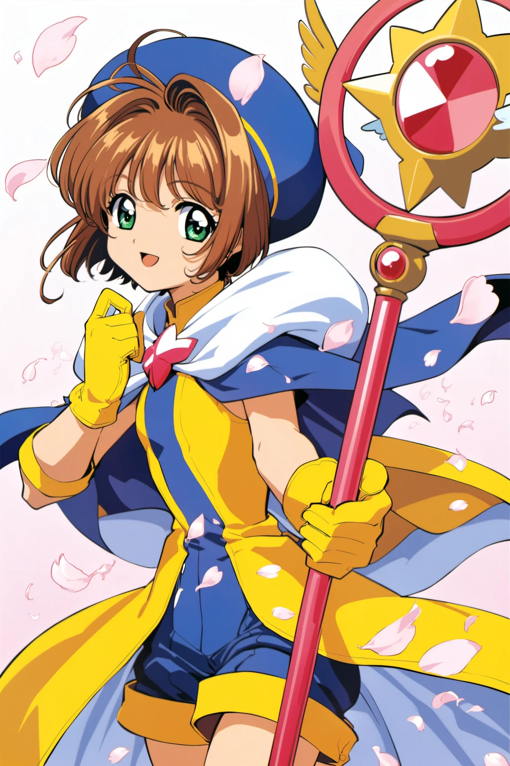 1girl, kinomoto sakura, brown hair, yellow gloves, solo, hat, green eyes, gloves, short hair, petals, magical girl, smile, blue headwear, cape, open mouth, shorts, cowboy shot, looking at viewer, staff,<lora:Card Captor Sakura Anime_XL:0.8>