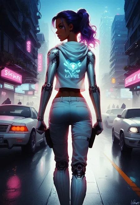 (score_9, score_8_up, score_7_up),  volumetric lighting, vivid colours, Expressiveh, g0thicPXL, female cyborg, C7b3rp0nkStyle, futa_overflow, cyber arms, dark skin, purple hair, cybernetic iris, ice blue eyes, white sleeveless hoodie, pink one piece, white joggers, bulge, running, looking back, running from cops, front shot, night life, neon, glowing, city street, cars going by.