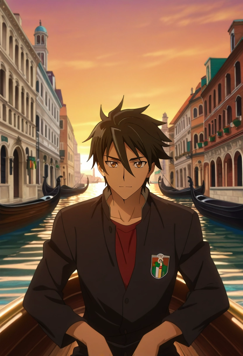 masterpiece, best quality, , anime screencap, anime coloring, official style, looking at viewer, 1boy, solo, male focus, <lora:takashi_komuro_ilxl:0.9>, takashi_komuro, black hair, brown eyes, short hair, hair between eyes, Venice, Italy, gondola ride, narrow canals, floating past colorful buildings, relaxed pose, serene expression, golden hour,