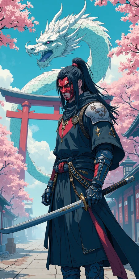 A digital anime artwork in the style of cklg, upper body shot, of a male ronin, (wonderful mechanized robotic creatures, such as cyborgs, robots, heavy mechs), long black hair, oni mask, holding an elegant katana japanese sword, combat stance, cherry blossoms ,(in the background a glittering etheral asian dragon), handwritten symbols, a torii, japanese temple,
<lora:ck-nc-luminal-genesis:1>