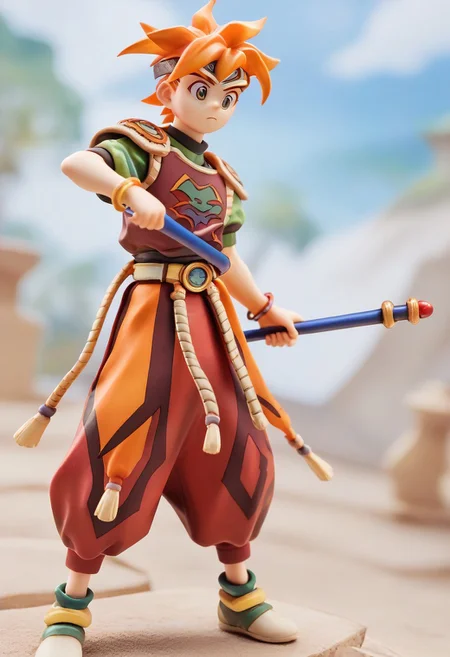 score_9, score_8_up, score_7_up, terranigmark, spiky orange hair, pauldrons with faces, jeweled headband, print shirt, green sleeves, bracelets, belt with dangling straps, red baggy pants, shoes, holding staff