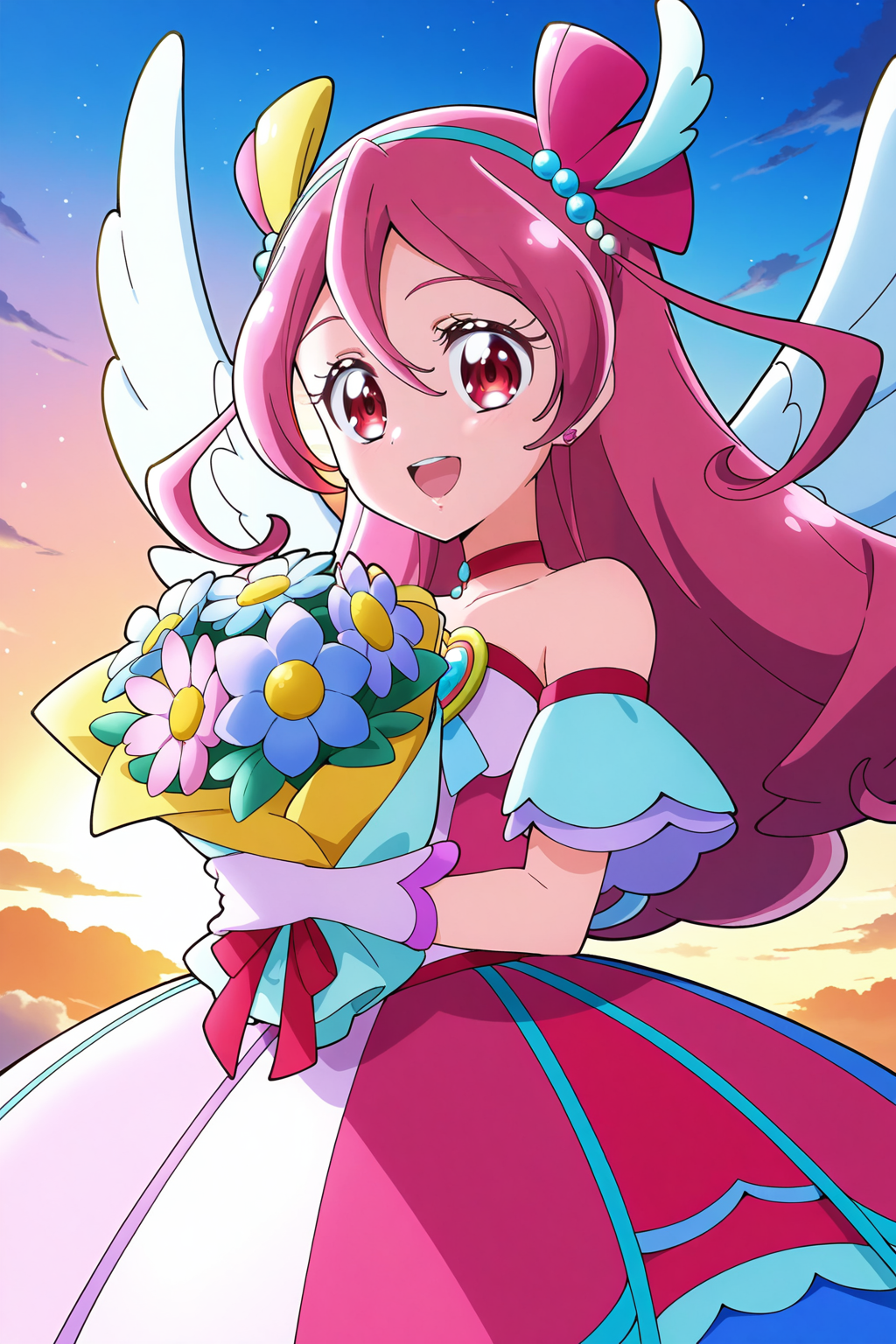 <lora:Kimi_to_Idol_Precure:1>, Kimi_to_Idol_Precure, 1girl, flower, solo, wings, long hair, red eyes, bouquet, smile, pink hair, open mouth, jewelry, gloves, hairband, feathers, bow, hair bow, :d, angel wings, sky, outdoors, hair ornament, choker, sunset, feathered wings, dress, bare shoulders, holding