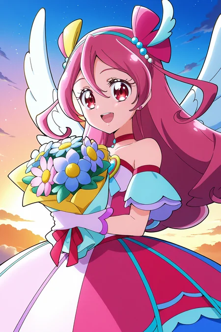 <lora:Kimi_to_Idol_Precure:1>, Kimi_to_Idol_Precure, 1girl, flower, solo, wings, long hair, red eyes, bouquet, smile, pink hair, open mouth, jewelry, gloves, hairband, feathers, bow, hair bow, :d, angel wings, sky, outdoors, hair ornament, choker, sunset, feathered wings, dress, bare shoulders, holding