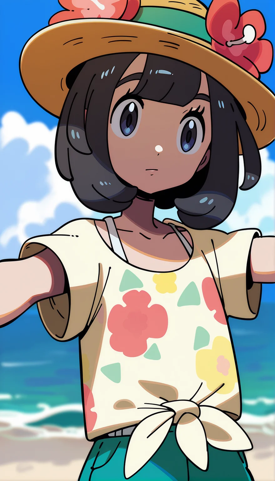 score_9,score_8_up,score_7_up,
highres,highly detailed,
<lora:selene>,pm_selene,
1girl,solo,black hair,short hair,bangs,
grey eyes,
yellow short sleeves shirt,collarbone,tied shirt,
upper body,
blurry background,simple background,outdoors,straw hat with flower decoration,sea,