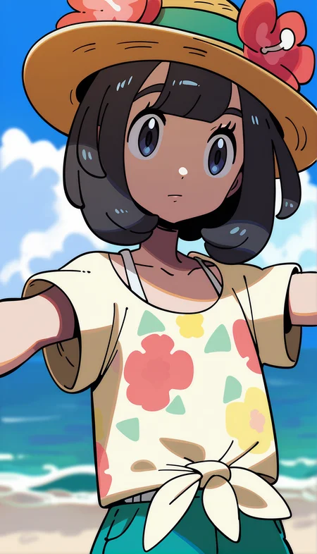 score_9,score_8_up,score_7_up,
highres,highly detailed,
<lora:selene>,pm_selene,
1girl,solo,black hair,short hair,bangs,
grey eyes,
yellow short sleeves shirt,collarbone,tied shirt,
upper body,
blurry background,simple background,outdoors,straw hat with flower decoration,sea,