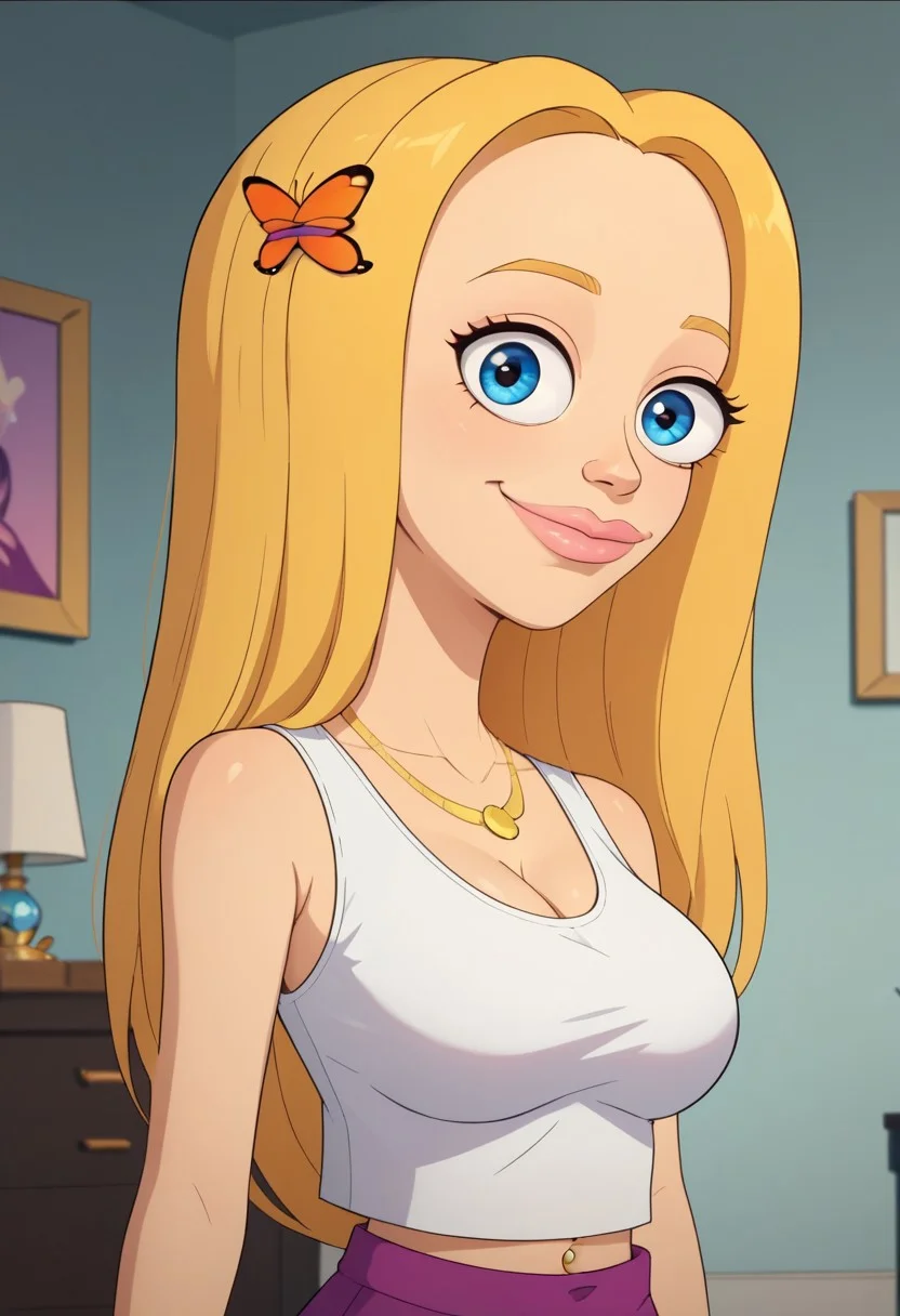 ((bedroom background)),score_9, score_8_up, score_7_up,score_6_up,
1girl, Solo, Leah_BM, light skin, blue eyes, blonde eyebrows, blonde hair, long hair, butterfly hairclip, pink lips, white sleeveless crop top, long skirt colour vibrant violet, pink sandals, golden necklace, golden belly button piercing, three golden bracelets, golden ring, social smile, big eyes, sexy face, close-up, face photo, perfect eyes, perfect smile, looking at the viewer, big breasts