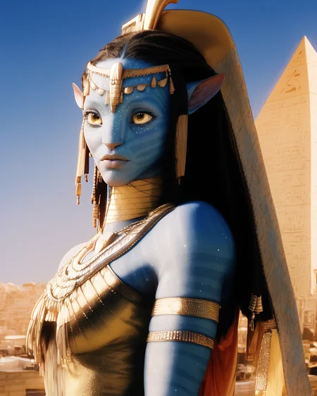 Neytiriblueskinbabe, 1girl, neutral, tail, egyptian outfit, pyramids, golden angel wings, egyptian city, (Photorealistic:1.2)