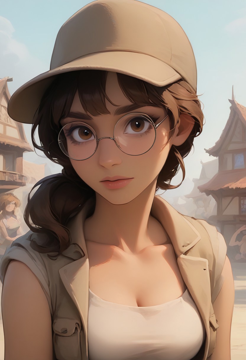 Score_9_up, Score_8_up, (headshot:1.5) war ravaged town, persian town square, detailed background, sunny day, people in background, Fio Germi, ((pale skin)), long eyelashes, baseball cap,brown headwear,beige hat,long hair,brown hair,ponytail,sidelocks,brown eyes,bangs,round eyewear, round glasses,collarbone,cleavage,crop top,midriff,beige vest,tank top,large breasts,wristband,navel,belt,brown shorts,short shorts,shorts rolled up,hip vent,fanny pack,knee pads,boots, (sheer clothing), medium hanging breasts,
