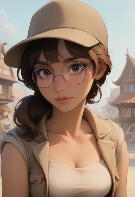 Score_9_up, Score_8_up, (headshot:1.5) war ravaged town, persian town square, detailed background, sunny day, people in background, Fio Germi, ((pale skin)), long eyelashes, baseball cap,brown headwear,beige hat,long hair,brown hair,ponytail,sidelocks,brown eyes,bangs,round eyewear, round glasses,collarbone,cleavage,crop top,midriff,beige vest,tank top,large breasts,wristband,navel,belt,brown shorts,short shorts,shorts rolled up,hip vent,fanny pack,knee pads,boots, (sheer clothing), medium hanging breasts,