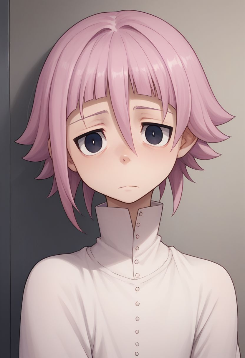 score_9, score_8_up, score_7_up, source_anime, highly detailed, 
crona, 1boy, solo, black eyes, short hair, pink hair, bags under eyes, looking at viewer, closed mouth, hair between eyes,
indoor,