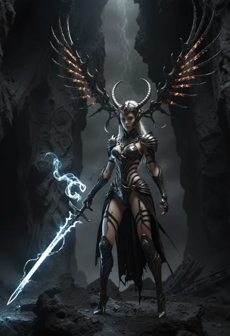 Wonderland fantasy full-body picture showing lithe 1girl cultist gripping glitching katana made of concrete. Her head is crowned by a segmented iron halo behind head, while clad in biomechanical cyborg suit with shapeless wings with tendrils made of light in a flowing motion glowing brightly. Set in a vast crater environment with a calamitous plasma vortex devouring everything in its radius, hovering drones, frightful feeling. With soft multi-layer lighting, intense contrast, mythical, legendary, masterpiece, highly detailed <lora:dmd2_sdxl_4step_lora>