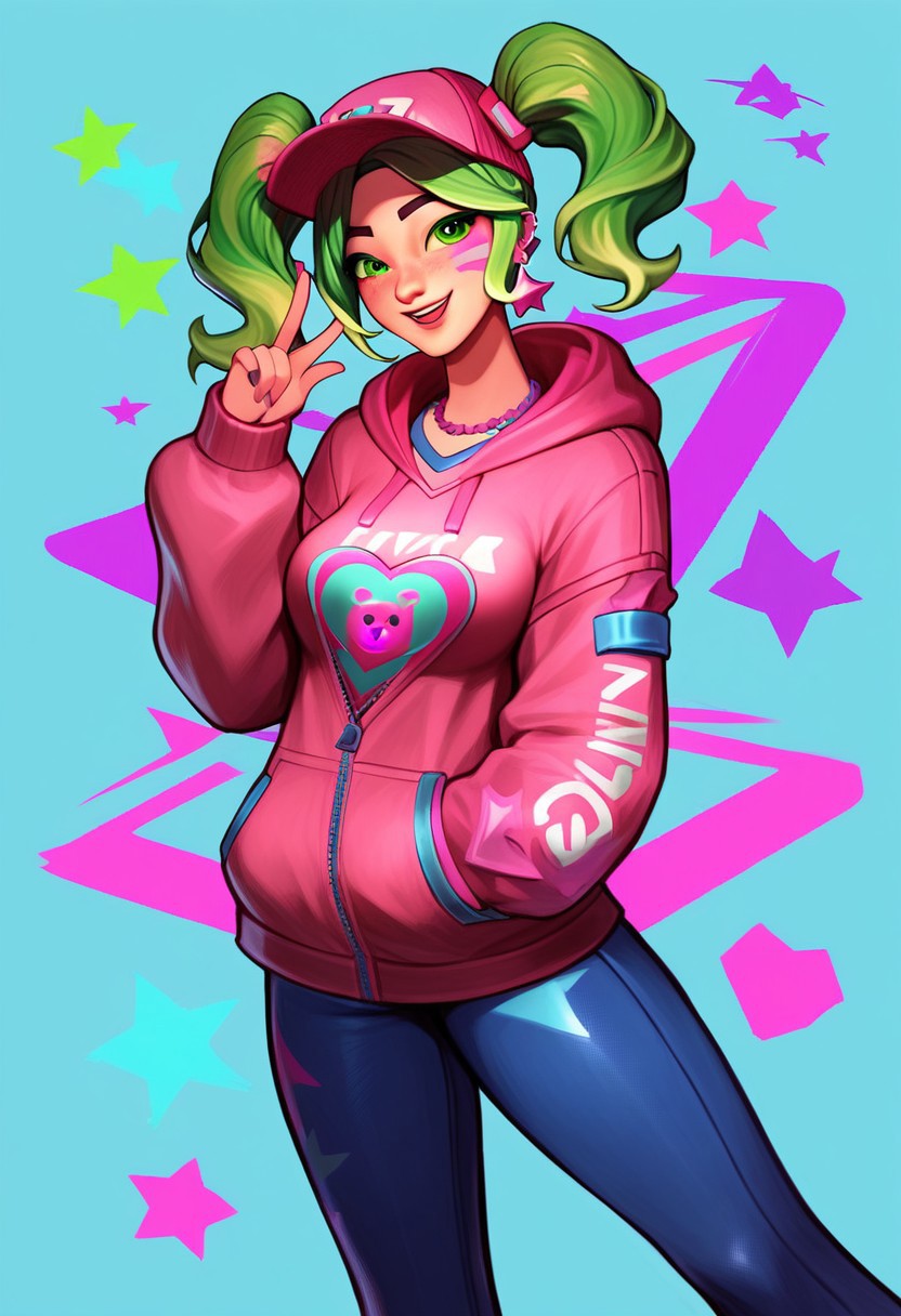 score_9, score_8_up, score_7_up, score_6_up, score_5_up, score_4_up, source_anime, zoey from Fortnite, Zoey, Twintails, pink shoulderless hoodie, pink cap, green hair, neon green twintails, zoey \(fortnite\), <lora:Zoey:0.45>, eyes looking viewer, extremely luminous bright design, extremely pastel colors, (night futuristic utopic disco background:1.4), pastel colors, dancing upbeat, smile, full neon lights dance suit, full body, high quality, highres, 1girl,