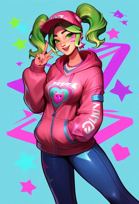 score_9, score_8_up, score_7_up, score_6_up, score_5_up, score_4_up, source_anime, zoey from Fortnite, Zoey, Twintails, pink shoulderless hoodie, pink cap, green hair, neon green twintails, zoey \(fortnite\), <lora:Zoey:0.45>, eyes looking viewer, extremely luminous bright design, extremely pastel colors, (night futuristic utopic disco background:1.4), pastel colors, dancing upbeat, smile, full neon lights dance suit, full body, high quality, highres, 1girl,
