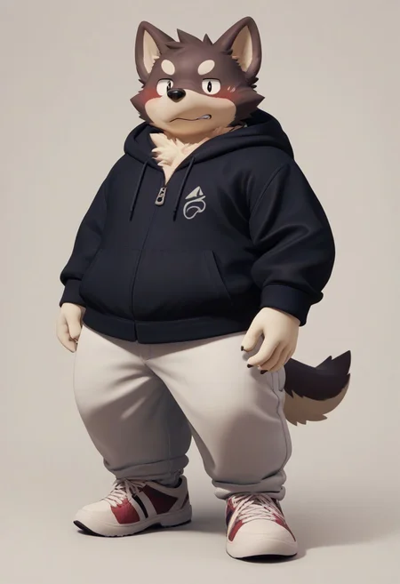 zuppu11, rating_safe, score_9, score_8_up, score_7_up, wolfdog, furry male, solo, 3d, zPDXL3, blushing, full body