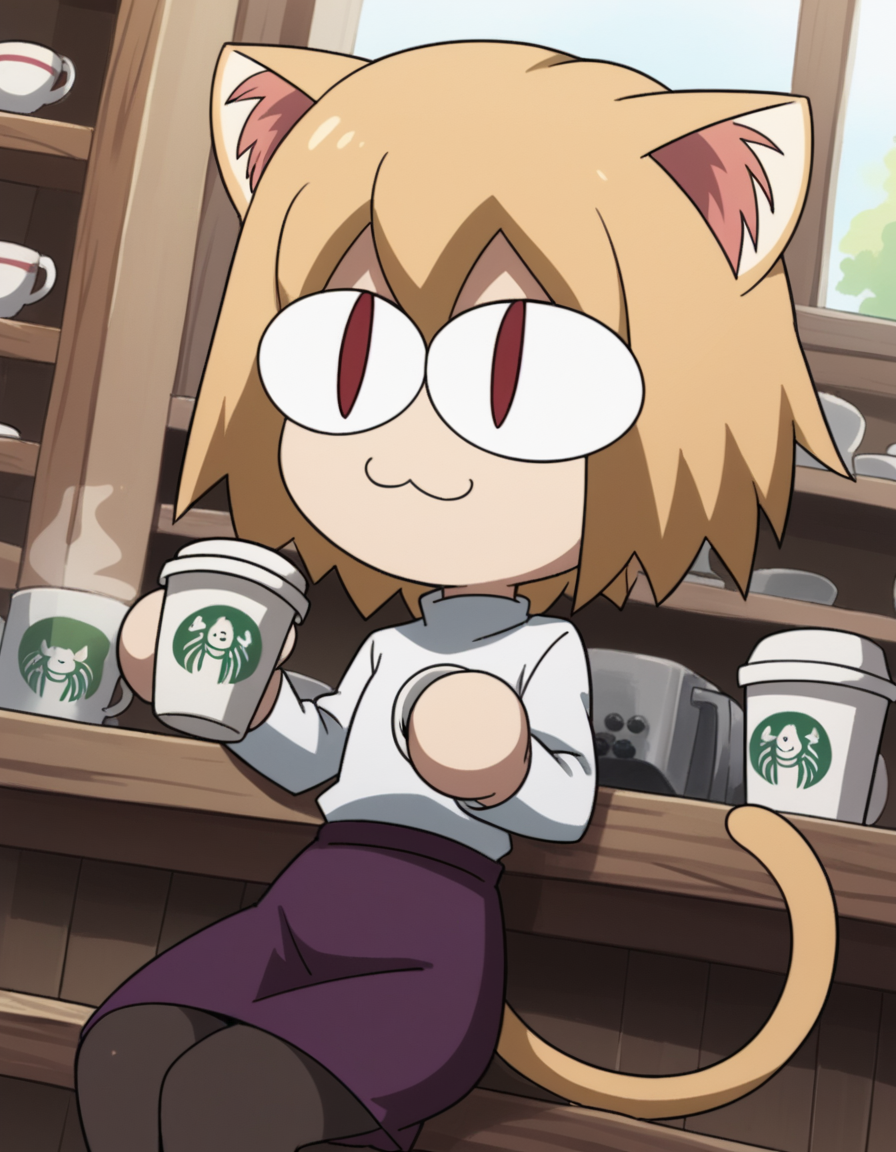 score_9, score_8_up, score_7_up, source_anime, <lora:carnivalphantasm-neco-arc-ova-ponyxl-lora-nochekaiser:1>, neco arc, short hair, blonde hair, red eyes, animal ears, tail, cat ears, chibi, cat tail, slit pupils,, skirt, pantyhose, sweater, purple skirt,, cafe, coffee cup, barista, sitting down, talking, relaxing, sunlight through window, smile, , from below, solo,, dutch angle, cowboy shot