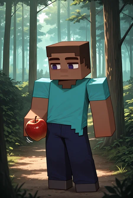 <lora:stevemc-08:1> stevemc, 1boy, male focus, cyan shirt, brown hair, dark-skinned male, dark blue pants, square, square body, pose, square arms ,in forest, holding apple, masterpiece, best quality, amazing quality, very aesthetic, absurdres, newest,