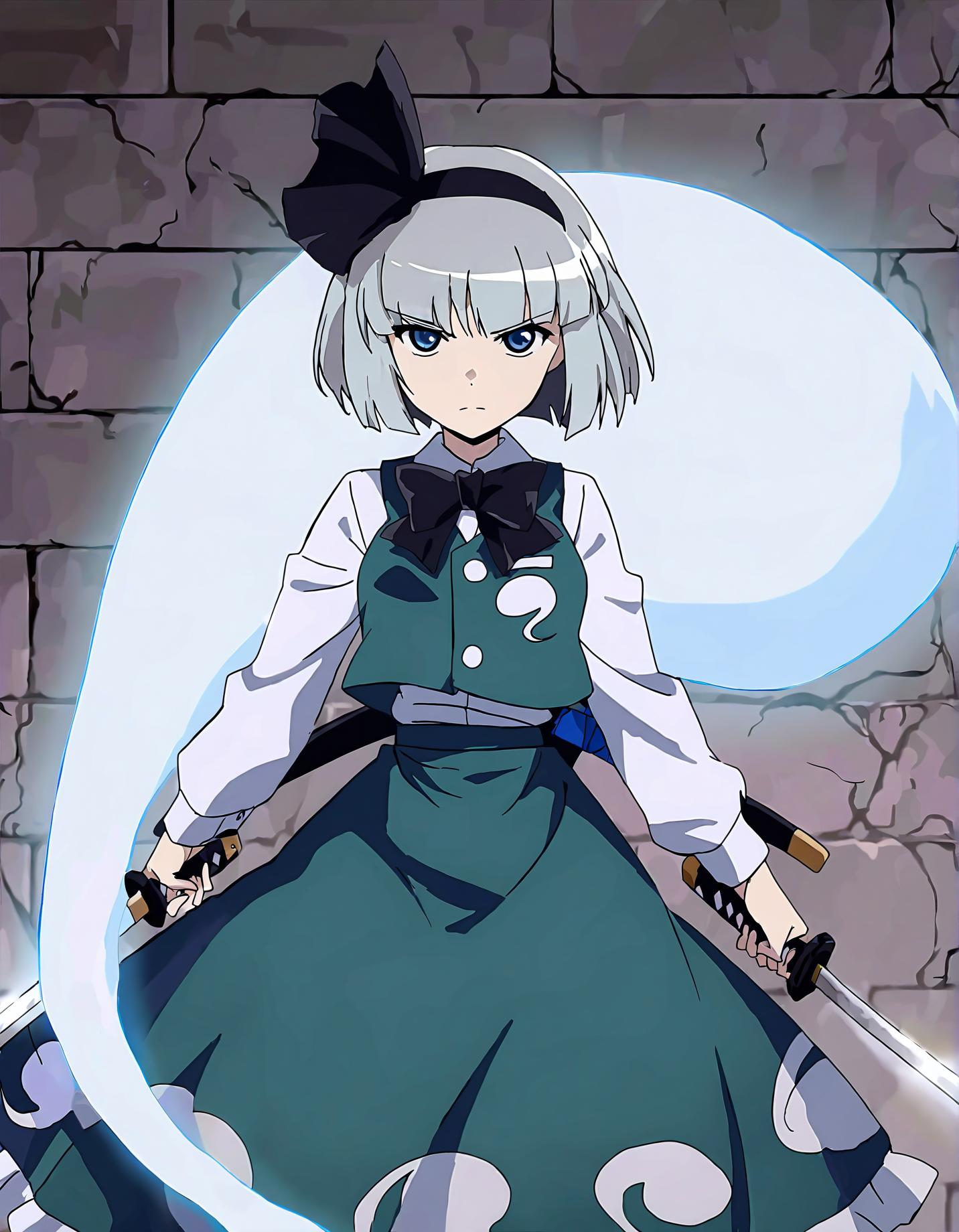 memoriesofphantasm, 1girl, konpaku youmu, weapon, sword, solo, blue eyes, grey hair, short hair, konpaku youmu (ghost), hairband, skirt, katana, black hairband, bow, anime coloring, holding, dual wielding, sensitive, vest, general, ribbon, shirt, long sleeves, green skirt, bowtie, hitodama, black bow, looking at viewer, serious, holding weapon, stone wall, green vest, black bowtie, hair ribbon, white shirt
very awa, masterpiece, best quality, year 2024, newest, highres, absurdres, <lora:memories-of-phantasm-style-noobai-vpred10:1>