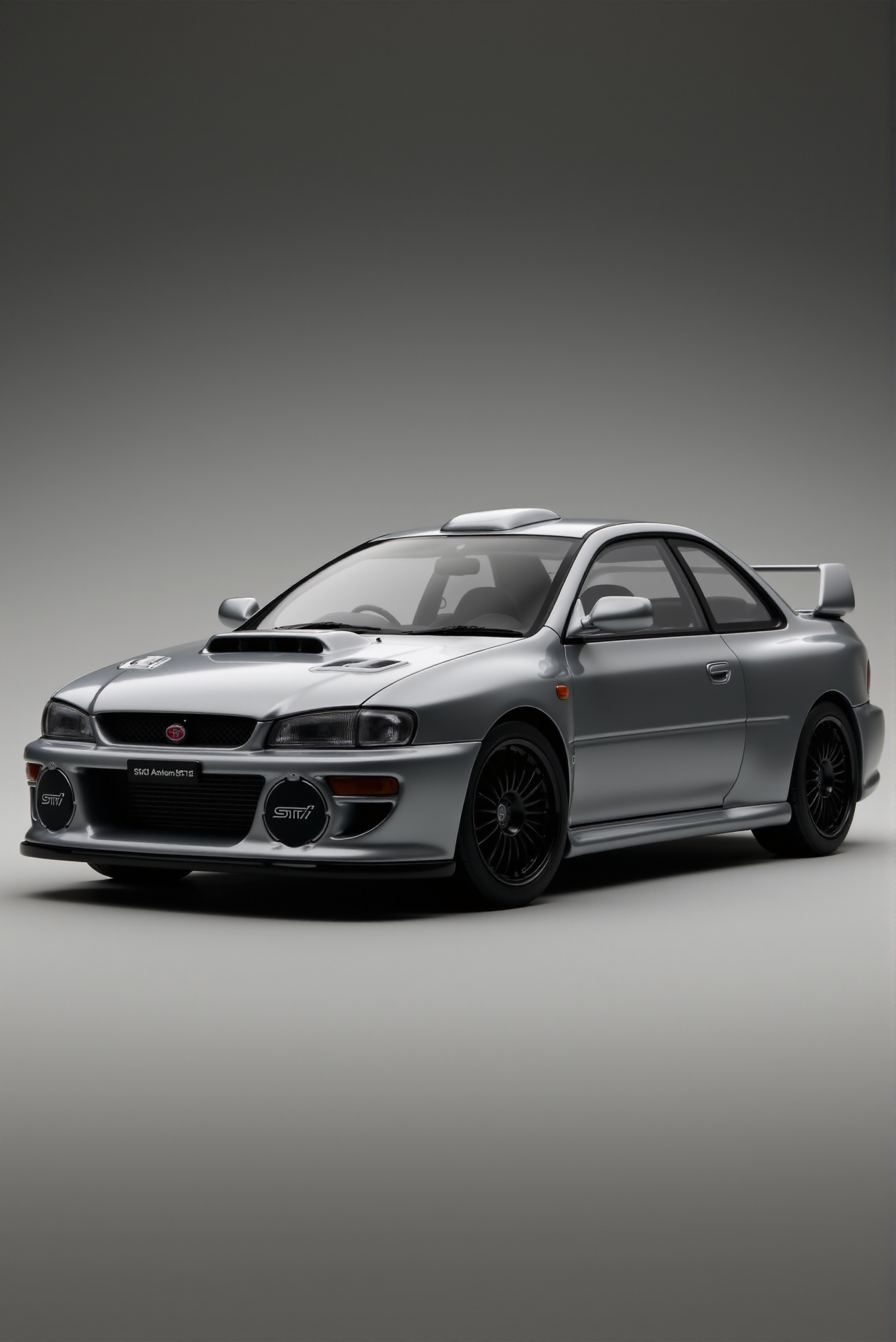 <lora:Subaru_Impreza_WRX_STI_22b:0.8> 
A black and silver two-tone Subaru Impreza STI coupe rendered in a stylized hyperreal presentation, with racing-spec enhancements including extended aero splitters, red STI fog covers, side skirts, and carbon hood vents. Captured in a balanced three-quarter front angle on a clean monochrome gradient background, the car features a black mesh grille with red STI badge, dark alloy wheels, and flared arches for an aggressive stance. The matte-satin paint finish absorbs light with diffused highlights, while red brake calipers and glossy black mirror caps punctuate the muted palette. The full rendering evokes a performance-tuned motorsport machine, lit in studio crispness with tight shadows and controlled reflectivity.