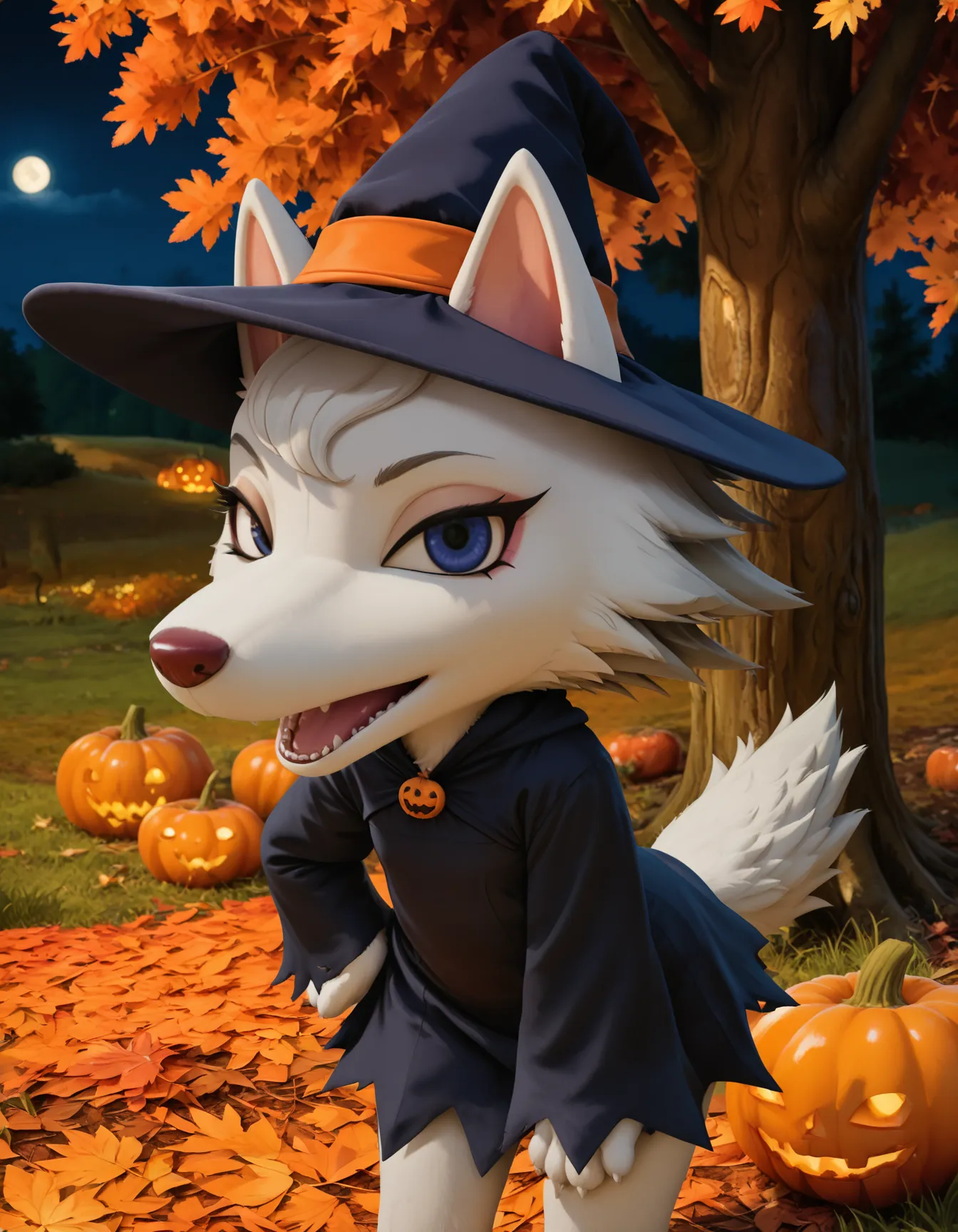 whitneyc, wolf, white fur, blue eyes, maroon nose, flat chest, from front, witch outfit, witch hat, outdoors, grass, tree, leaves, standing, mouth open, talking, looking at viewer, cowboy shot, featureless crotch, tail, 1girl, female, solo, hand on hip, wink, autumn, autumn foliage, halloween, night, spooky, leaning forward, orange theme, autumn leaves, orange grass, pumpkins, moonlight, dusk,
<lora:Whitney_v2Noob3s96:1> <lora:noobai_ep11_stabilizer_v0.138_fp16:0.8>