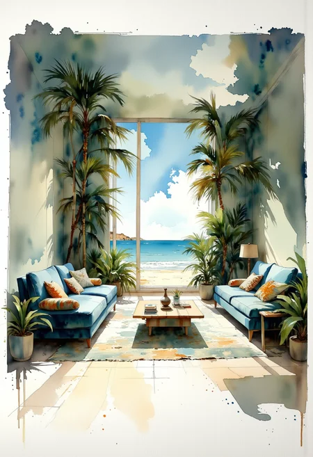 A watercolor painting of a living room with a large window that offers a beautiful view of the ocean. The room is filled with lush greenery, including palm trees and other tropical plants. The walls are painted in a light blue color, and the floor is covered with a patterned rug. In the center of the room, there is a large blue sofa with colorful throw pillows and a coffee table in front of it. On the left side of the sofa, there is an armchair with a wooden coffee table with a vase and other decorative items on top. Next to the sofa is a small side table with books and a lamp. The floor is made of light-colored tiles, and there are several potted plants scattered throughout the room. The overall style of the space is modern and minimalistic, with a mix of colors and textures. An architect's sketch drawing, interior design, furniture.