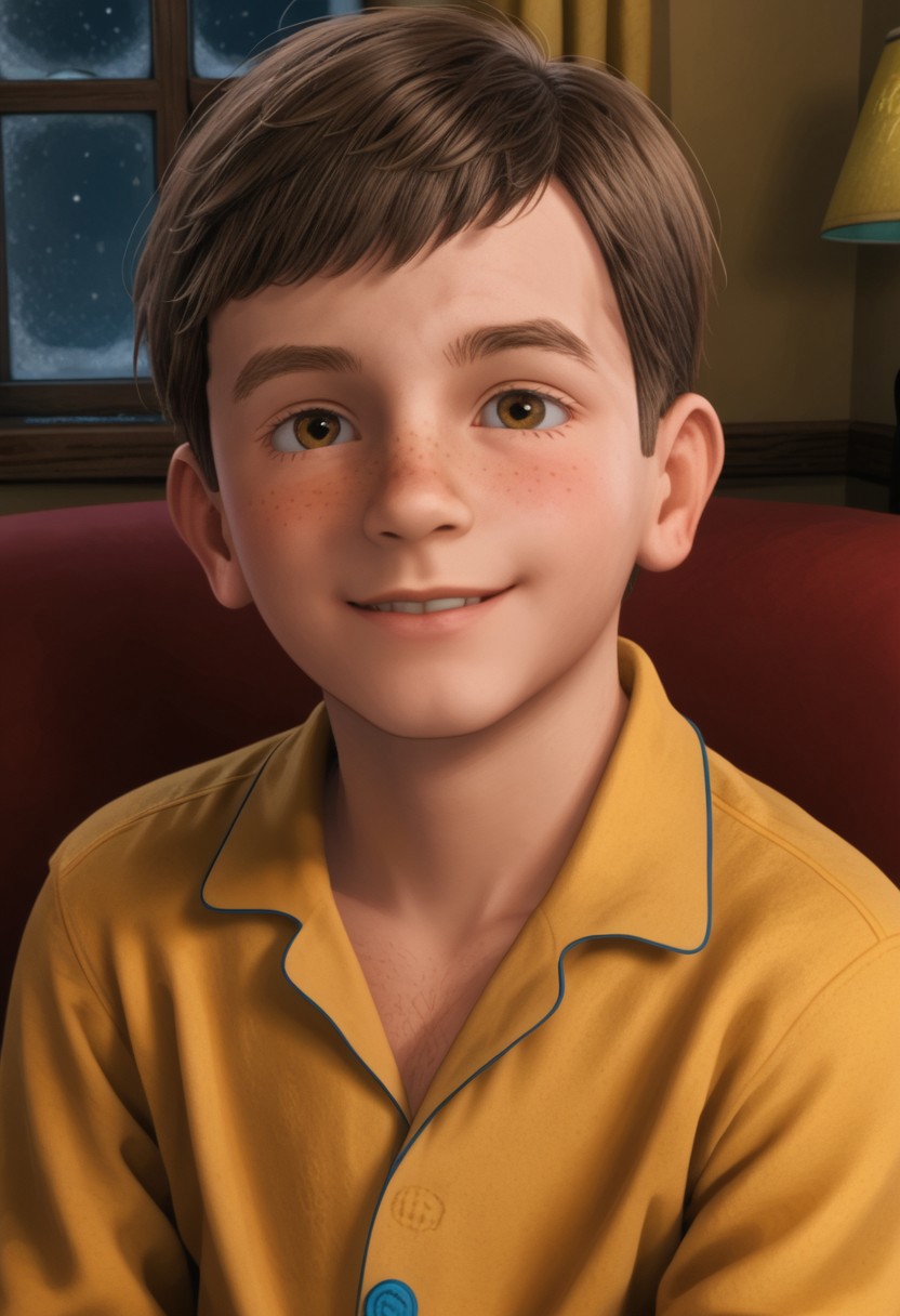 1boy, cute boy, solo, Hero_Boy, Brown Hair, Hazel Eyes, Yellow Pajama shirt , Yellow Pajama Pants, Expressiveh, cute smile, freckles