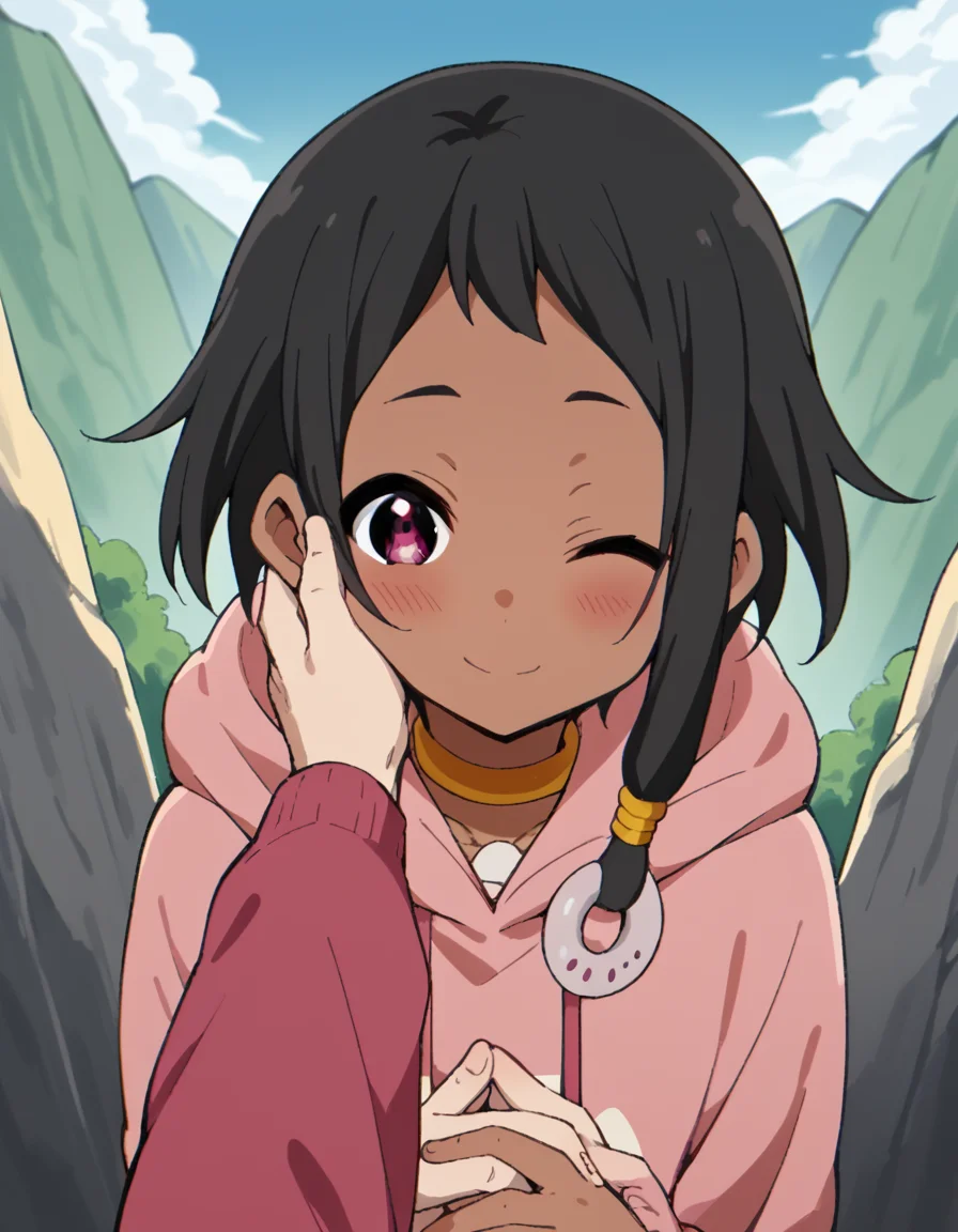 score_9, score_8_up, score_7_up, source_anime, <lora:choi-mochimazzi-s1-ponyxl-lora-nochekaiser:1>, choi mochimazzi, short hair, black hair, dark skin, dark-skinned female, pink eyes, sidelocks, jewelry, hoodie, pink hoodie, skirt,, cliff, height, rocks, nature, sky, , <lora:guided-hand-on-cheek-ponyxl-lora-nochekaiser:1>, guided hand on cheek, hand grab, hand on another's cheek, hand on another's face, looking at viewer, pov, pov hands, smile, blush, one eye closed, caress, caressing cheek, looking at viewer, solo,, dutch angle, cowboy shot