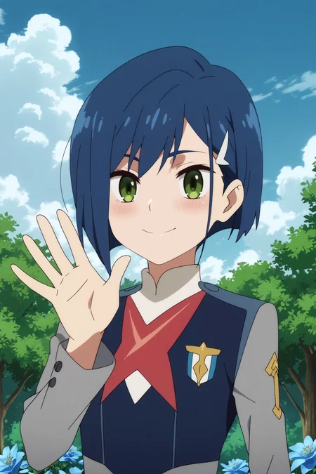 ichigo,1girl,solo,short hair,uniform,military_uniform,military,hair ornament,hairclip,looking at viewer,light smile,upper body,waving BREAK outdoors,blue sky,cloudy_sky,blue flower,blue theme,tree with blue flowers <lora:Ichigo_-_Darling_in_the_franxx.safetensors:0.8> <lora:detailed_backgrounds_v2.safetensors:0.5>