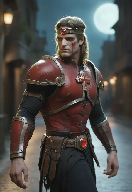 score_9, score_8_up, score_7_up, score_6_up, 1boy, male, muscular, (view from side:2), night, moon, derelict town, (dark empty streets:2), simon belmont, simonbel, (holy cross design:1.3), red armor, stylized red breastplate, gold accents, (long black sleeves:1.3), (black pants:1.3), (ruby jeweled belt:2), metal wristband, (black gloves:1.2), shoulder length blonde hair, steel greaves, walking