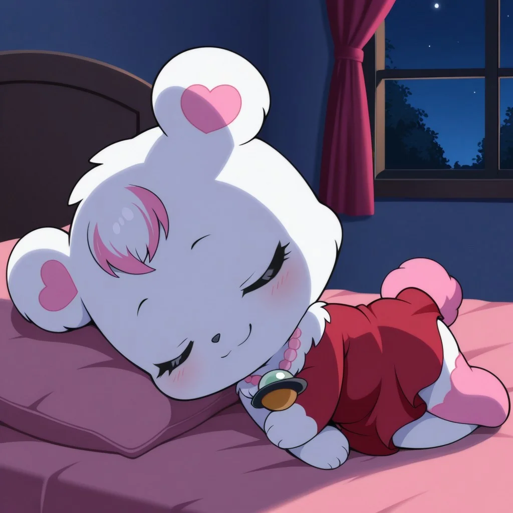 best quality, masterpiece, smirks, Full Body, Romantic, Small Body, Furry, looking_pleasured, labrajp, chibi, feral, multicolored hair, pink tail, tufted fur, furry, one pink leg, necklace, bear, red dress, Laying in bedroom, bedroom, eyes closed, sleeping, night, midnight,