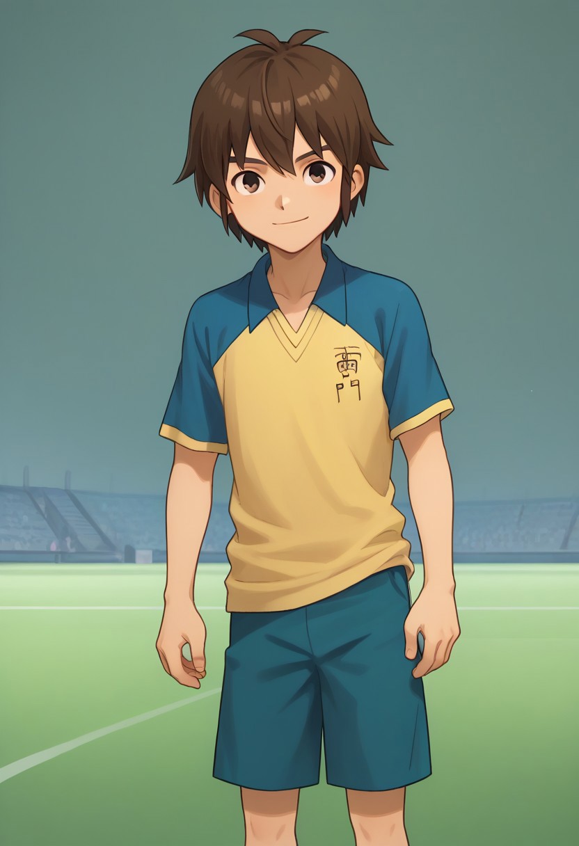 score_9, score_8_up, score_7_up, source_anime, highly detailed, 
handa, 1boy, male focus, solo, brown hair, hair between eyes, brown eyes, sportwear, raimon, soccer uniform, raimon soccer uniform, shirt, raglan sleeves, blue shirt, yellow shirt, short sleeves, shorts, blue shorts, smile
outdoor,